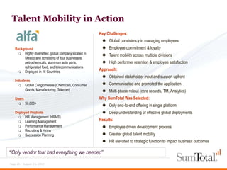 Talent Mobility in Action
                                                       Key Challenges:
                                                         Global consistency in managing employees
   Background                                            Employee commitment & loyalty
      Highly diversified, global company located in
                                                         Talent mobility across multiple divisions
         Mexico and consisting of four businesses:
         petrochemicals, aluminum auto parts,            High performer retention & employee satisfaction
         refrigerated food, and telecommunications
      Deployed in 16 Countries
                                                       Approach:
                                                         Obtained stakeholder input and support upfront
   Industries
      Global Conglomerate (Chemicals, Consumer          Communicated and promoted the application
          Goods, Manufacturing, Telecom)                 Multi-phase rollout (core records, TM, Analytics)
   Users                                               Why SumTotal Was Selected:
          50,000+
                                                         Only end-to-end offering in single platform
   Deployed Products                                     Deep understanding of effective global deployments
      HR Management (HRMS)
      Learning Management
                                                       Results:
      Performance Management                            Employee driven development process
      Recruiting & Hiring
      Succession Planning                               Greater global talent mobility
                                                         HR elevated to strategic function to impact business outcomes

“Only vendor that had everything we needed”
Page 26 - August 15, 2012
 