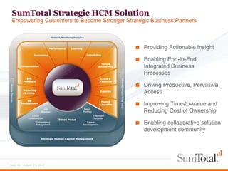 SumTotal Strategic HCM Solution
 Empowering Customers to Become Stronger Strategic Business Partners



                                             ■   Providing Actionable Insight

                                             ■   Enabling End-to-End
                                                 Integrated Business
                                                 Processes

                                             ■   Driving Productive, Pervasive
                                                 Access

                                             ■   Improving Time-to-Value and
                                                 Reducing Cost of Ownership

                                             ■   Enabling collaborative solution
                                                 development community




Page 30 - August 15, 2012
 