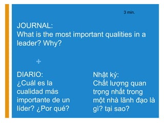 3 min.


JOURNAL:
What is the most important qualities in a
leader? Why?

      +
DIARIO:                 Nhật ký:
¿Cuál es la             Chất lượng quan
cualidad más            trọng nhất trong
importante de un        một nhà lãnh đạo là
líder? ¿Por qué?        gì? tại sao?
 