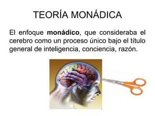TEORÍA MONÁDICA
El enfoque monádico, que consideraba el
cerebro como un proceso único bajo el título
general de inteligencia, conciencia, razón.
 