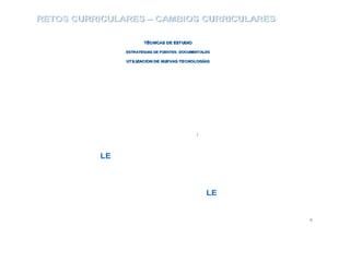 44
Admitido
F
F
PROFESIONAL
/DISCIPLINAR
PROFESIONAL
/DISCIPLINAR
UTILIZACION DE NUEVAS TECNOLOGUTILIZACION DE NUEVAS TECNOLOGÍÍASAS
ESTRATEGIAS DE FUENTES DOCUMENTALESESTRATEGIAS DE FUENTES DOCUMENTALES
TTÉÉCNICAS DE ESTUDIOCNICAS DE ESTUDIO
LE
LE
T de G
Modelo General
RETOS CURRICULARESRETOS CURRICULARES –– CAMBIOS CURRICULARESCAMBIOS CURRICULARES
Anfibio Cultural
Jairo Echeverry Raad M.D. Profesor
Asociado
 