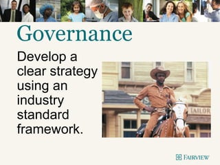 Governance
Develop a
clear strategy
using an
industry
standard
framework.
 
