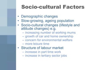 Socio-cultural Factors
• Demographic changes
• Slow-growing, ageing population
• Socio-cultural changes (lifestyle and
attitude changes) e.g.
– increasing number of working mums
– growth of car and home ownership
– concern for environmental welfare
– more leisure time
• Structure of labour market
– increase in part time work
– increase in tertiary sector jobs
 