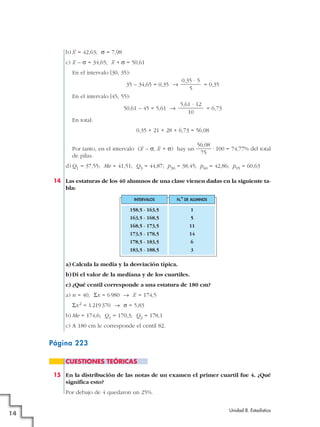 b) x– = 42,63; q = 7,98
c) x– – q = 34,65; x– + q = 50,61
En el intervalo [30, 35):
35 – 34,65 = 0,35 8 = 0,35
En el intervalo [45, 55):
50,61 – 45 = 5,61 8 = 6,73
En total:
0,35 + 21 + 28 + 6,73 = 56,08
Por tanto, en el intervalo (x– – q, x– + q) hay un · 100 = 74,77% del total
de pilas.
d) Q1 = 37,55; Me = 41,51; Q3 = 44,87; p30 = 38,45; p60 = 42,86; p95 = 60,63
14 Las estaturas de los 40 alumnos de una clase vienen dadas en la siguiente ta-
bla:
a) Calcula la media y la desviación típica.
b)Di el valor de la mediana y de los cuartiles.
c) ¿Qué centil corresponde a una estatura de 180 cm?
a) n = 40, Sx = 6980 8 x– = 174,5
Sx2 = 1219370 8 q = 5,83
b) Me = 174,6; Q1 = 170,3; Q2 = 178,1
c) A 180 cm le corresponde el centil 82.
Página 223
15 En la distribución de las notas de un examen el primer cuartil fue 4. ¿Qué
significa esto?
Por debajo de 4 quedaron un 25%.
CUESTIONES TEÓRICAS
INTERVALOS
158,5 - 163,5
163,5 - 168,5
168,5 - 173,5
173,5 - 178,5
178,5 - 183,5
183,5 - 188,5
N.º DE ALUMNOS
1
5
11
14
6
3
56,08
75
5,61 · 12
10
0,35 · 5
5
Unidad 8. Estadística
14
 