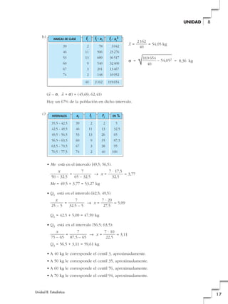 b)
x
–
= = 54,05 kg
q = = 8,36 kg
(x
–
– q, x
–
+ q) = (45,69; 62,41)
Hay un 67% de la población en dicho intervalo.
c)
• Me está en el intervalo [49,5; 56,5).
= 8 x = ≈ 3,77
Me = 49,5 + 3,77 = 53,27 kg
• Q1 está en el intervalo [42,5; 49,5).
= 8 x = ≈ 5,09
Q1 = 42,5 + 5,09 = 47,59 kg
• Q3 está en el intervalo [56,5; 63,5):
= 8 x = ≈ 3,11
Q3 = 56,5 + 3,11 = 59,61 kg
• A 40 kg le corresponde el centil 3, aproximadamente.
• A 50 kg le corresponde el centil 35, aproximadamente.
• A 60 kg le corresponde el centil 76, aproximadamente.
• A 70 kg le corresponde el centil 94, aproximadamente.
7 · 10
22,5
7
87,5 – 65
x
75 – 65
7 · 20
27,5
7
32,5 – 5
x
25 – 5
7 · 17,5
32,5
7
65 – 32,5
x
50 – 32,5
INTERVALOS
35,5 - 42,5
42,5 - 49,5
49,5 - 56,5
56,5 - 63,5
63,5 - 70,5
70,5 - 77,5
xi
39
46
53
60
67
74
fi
2
11
13
9
3
2
Fi
2
13
26
35
38
40
EN %
5
32,5
65
87,5
95
100
MARCAS DE CLASE fi
39
46
53
60
67
74
2
11
13
9
3
2
40
fi · xi
78
506
689
540
201
148
fi · xi
2
3042
23276
36517
32400
13467
10952
2162 119654
119654
√— – 54,052
40
2162
40
Unidad 8. Estadística
17
8UNIDAD
 
