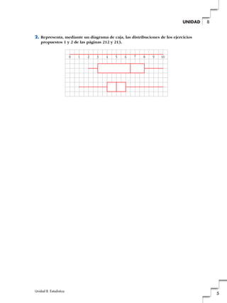 2. Representa, mediante un diagrama de caja, las distribuciones de los ejercicios
propuestos 1 y 2 de las páginas 212 y 213.
0 1 2 3 4 5 6 7 8 9 10
Unidad 8. Estadística
5
8UNIDAD
 