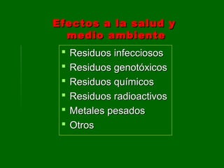 Efectos a la salud yEfectos a la salud y
medio ambientemedio ambiente
 Residuos infecciososResiduos infecciosos
 Residuos genotóxicosResiduos genotóxicos
 Residuos químicosResiduos químicos
 Residuos radioactivosResiduos radioactivos
 Metales pesadosMetales pesados
 OtrosOtros
 