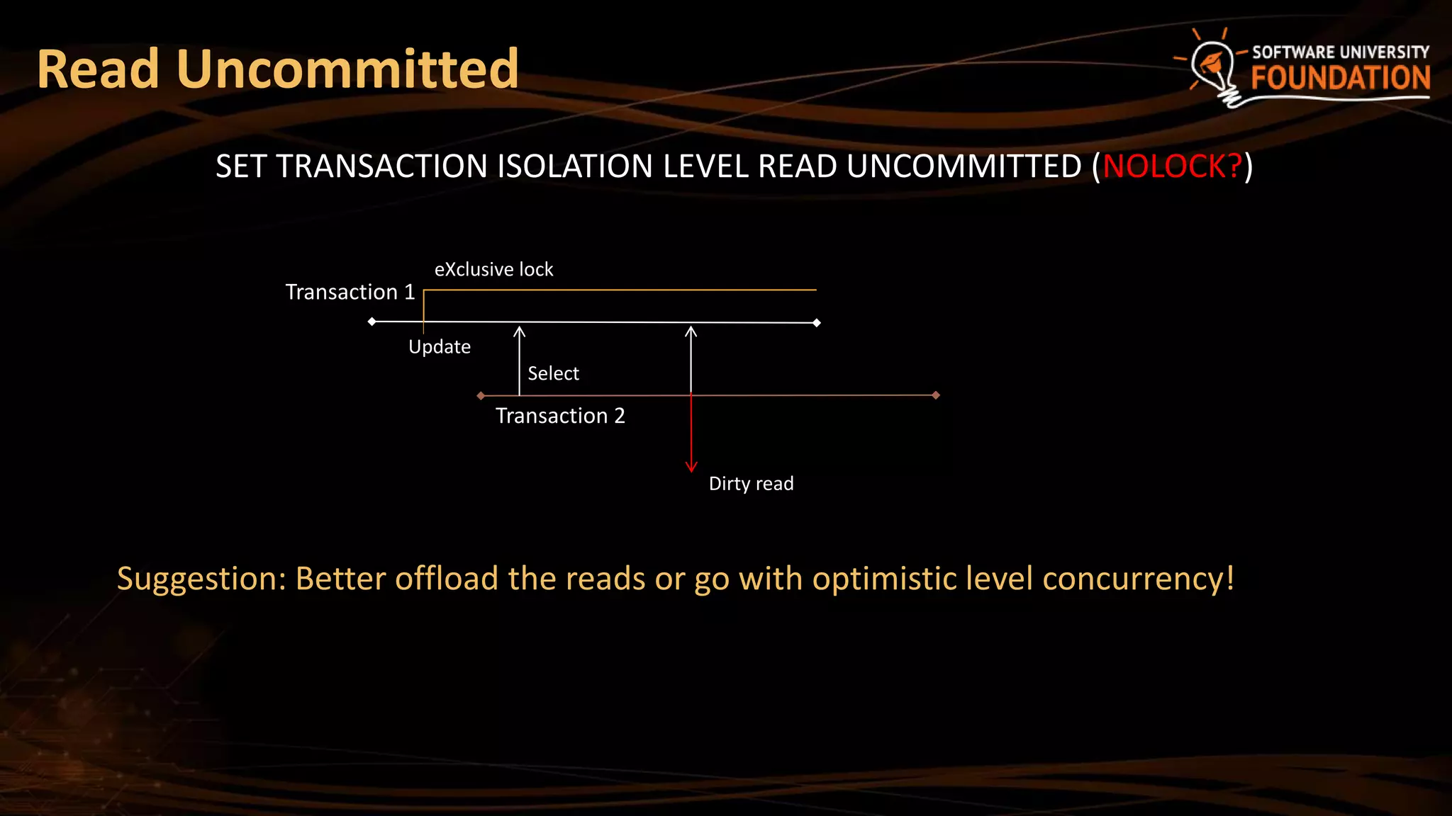 SET TRANSACTION ISOLATION LEVEL READ UNCOMMITTED (NOLOCK?)
Read Uncommitted
Transaction 1
Transaction 2
Suggestion: Better offload the reads or go with optimistic level concurrency!
Select
Update
eXclusive lock
Dirty read
 