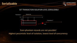 Serializable
Transaction 1 S(hared) lock
select
Even phantom records are not possible!
Highest pessimistic level of isolation, lowest level of concurrency
Insert
Transaction 2
SET TRANSACTION ISOLATION LEVEL SERIALIZABLE
 