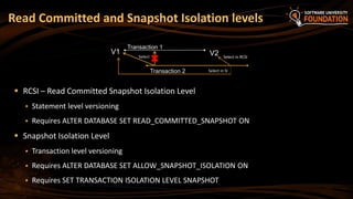 Read Committed and Snapshot Isolation levels
V1 V2
Transaction 1
Transaction 2
Select in RCSISelect
Select in SI
 RCSI – Read Committed Snapshot Isolation Level
 Statement level versioning
 Requires ALTER DATABASE SET READ_COMMITTED_SNAPSHOT ON
 Snapshot Isolation Level
 Transaction level versioning
 Requires ALTER DATABASE SET ALLOW_SNAPSHOT_ISOLATION ON
 Requires SET TRANSACTION ISOLATION LEVEL SNAPSHOT
 