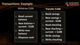 Transactions: Example
Withdraw $100
1. Read savings
2. New savings =
current - $100
3. Read checking
4. New checking =
current + $100
5. Write savings
6. Write checking
1. Read current
balance
2. New balance =
current - $100
3. Write new
balance
4. Dispense cash
Transfer $100
7
 
