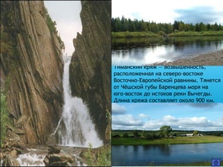 Тиманский кряж — возвышенность,́
расположенная на северо-востоке
Восточно-Европейской равнины. Тянется
от Чёшской губы Баренцева моря на
юго-восток до истоков реки Вычегды.
Длина кряжа составляет около 900 км.
 