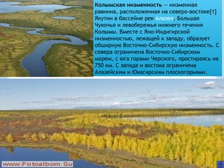 Колымская низменность — низменная
равнина, расположенная на северо-востоке[1]
Якутии в бассейне рек Алазея, Большая
Чукочья и левобережья нижнего течения
Колымы. Вместе с Яно-Индигирской
низменностью, лежащей к западу, образует
обширную Восточно-Сибирскую низменность. С
севера ограничена Восточно-Сибирским
морем, с юга горами Черского, простираясь на
750 км. С запада и востока ограничена
Алазейским и Юкагирским плоскогорьями.
 