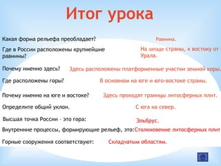 Итог урока
Какая форма рельефа преобладает? Равнина.
Где в России расположены крупнейшие
равнины?
На западе страны, к востоку от
Урала.
Почему именно здесь? Здесь расположены платформенные участки земной коры.
Где расположены горы? В основном на юге и юго-востоке страны.
Почему именно на юге и востоке? Здесь проходят границы литосферных плит.
Определите общий уклон. С юга на север.
Высшая точка России – это гора: Эльбрус.
Внутренние процессы, формирующие рельеф, это:Столкновение литосферных плит
Горные сооружения соответствуют: Складчатым областям.
 