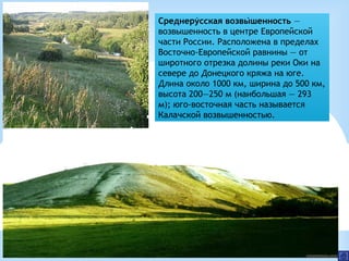 Среднерусская возвышенность́ ́  —
возвышенность в центре Европейской
части России. Расположена в пределах
Восточно-Европейской равнины — от
широтного отрезка долины реки Оки на
севере до Донецкого кряжа на юге.
Длина около 1000 км, ширина до 500 км,
высота 200—250 м (наибольшая — 293
м); юго-восточная часть называется
Калачской возвышенностью.
 