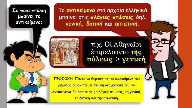 Σε Ïοια ÏÏÏÏη
μÏαίνει Ïο
ανÏικείμενο;
Το ανÏικείμενο ÏÏα αÏÏαία ελληνικά
μÏαίνει ÏÏÎ¹Ï ÏÎ»Î¬Î³Î¹ÎµÏ ÏÏÏÏειÏ, δηλ.
γενική, δοÏική...