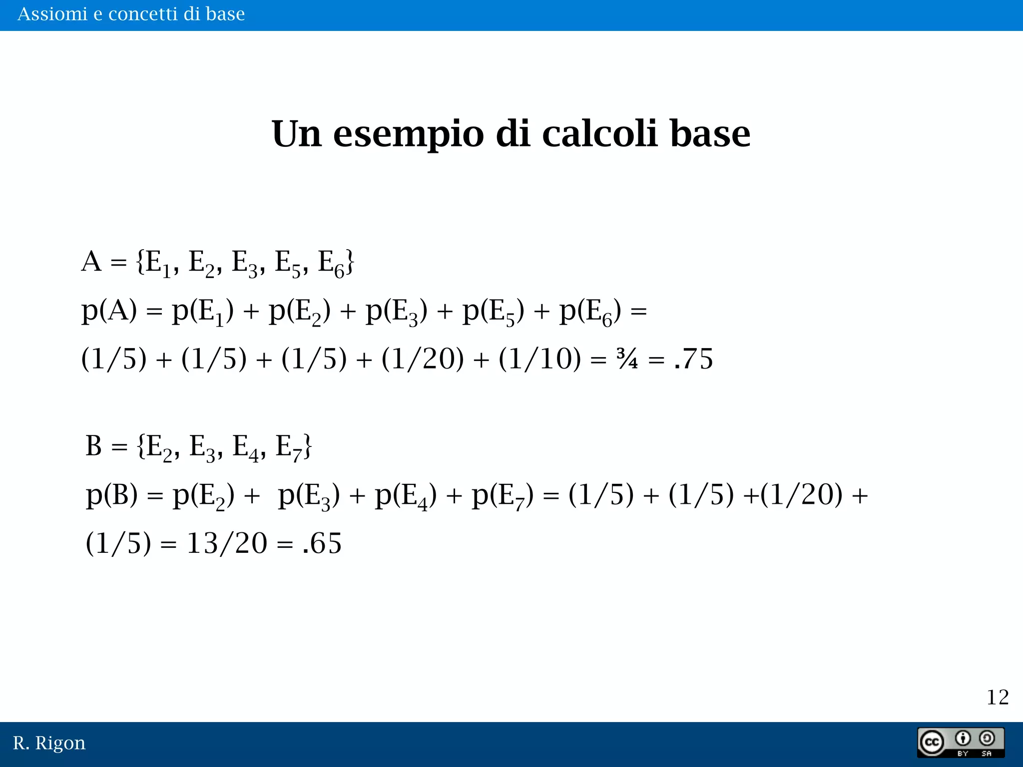 R. Rigon
12
A = {E1, E2, E3, E5, E6}
p(A) = p(E1) + p(E2) + p(E3) + p(E5) + p(E6) =
(1/5) + (1/5) + (1/5) + (1/20) + (1/10) = ¾ = .75
B = {E2, E3, E4, E7}
p(B) = p(E2) + p(E3) + p(E4) + p(E7) = (1/5) + (1/5) +(1/20) +
(1/5) = 13/20 = .65
Un esempio di calcoli base
Assiomi e concetti di base
 