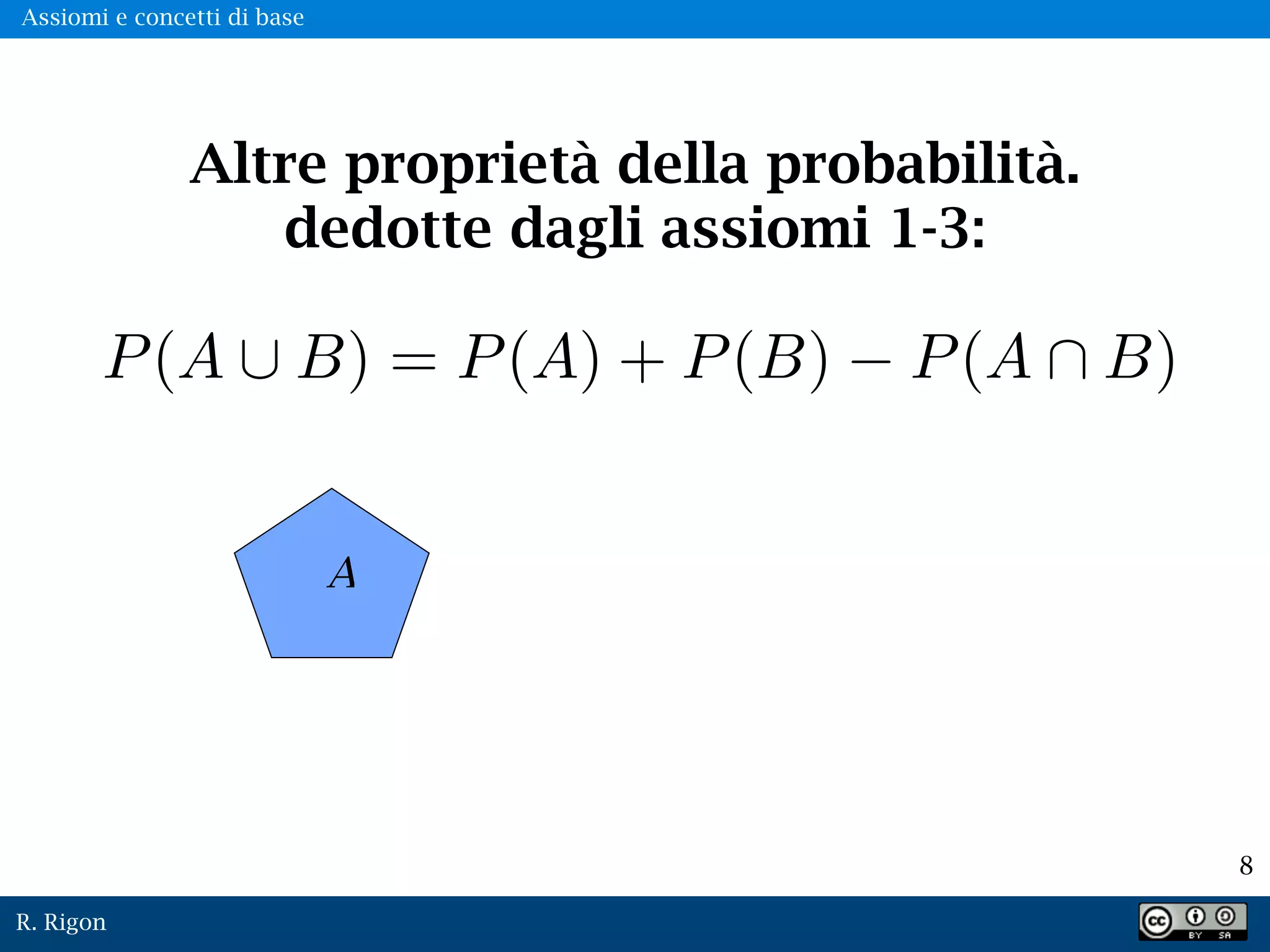 R. Rigon
8
Altre proprietà della probabilità.
dedotte dagli assiomi 1-3:
P(A ⇥ B) = P(A) + P(B) P(A ⇤ B)
A
Assiomi e concetti di base
 