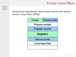 Pemrosesan
Paralel
Haddad
Sammir,
M.Kom
Process Control Block
Setiap proses digambarkan dalam sistem operasi oleh sebuah
process control block (PCB).
 