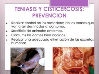 TENIASIS Y CISTICERCOSIS:
PREVENCION
Realizar control en los mataderos de las carnes que
van a ser destinadas al consumo.
Sacrificio de animales enfermos.
Consumir las carnes bien cocidos.
Realizar una adecuada eliminación de las excretas
humanas.
 