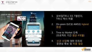 1. 모바일T머니 3.0, T캘린더,
T머니 택시 어플
2. On-prem D/C와 AWS의 Hybrid
환경
3. Time to Market 단축
(프로젝트 기간 평균 4개월)
4. 신규 사업에 대한 인프라
유연성 확보 및 비용 절감
여섯
 