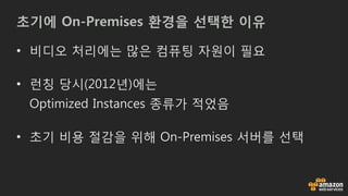 초기에 On-Premises 환경을 선택한 이유
• 비디오 처리에는 많은 컴퓨팅 자원이 필요
• 런칭 당시(2012년)에는
Optimized Instances 종류가 적었음
• 초기 비용 절감을 위해 On-Premises 서버를 선택
 