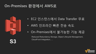 On-Premises 환경에서 AWS로
S3
• EC2 인스턴스에서 Data Transfer 무료
• AWS 인프라간 빠른 전송 속도
• On-Premises에서 불가능한 기능 제공
Reduced Redundancy Storage, Object Lifecycle Management,
CloudFront Integration, …
 