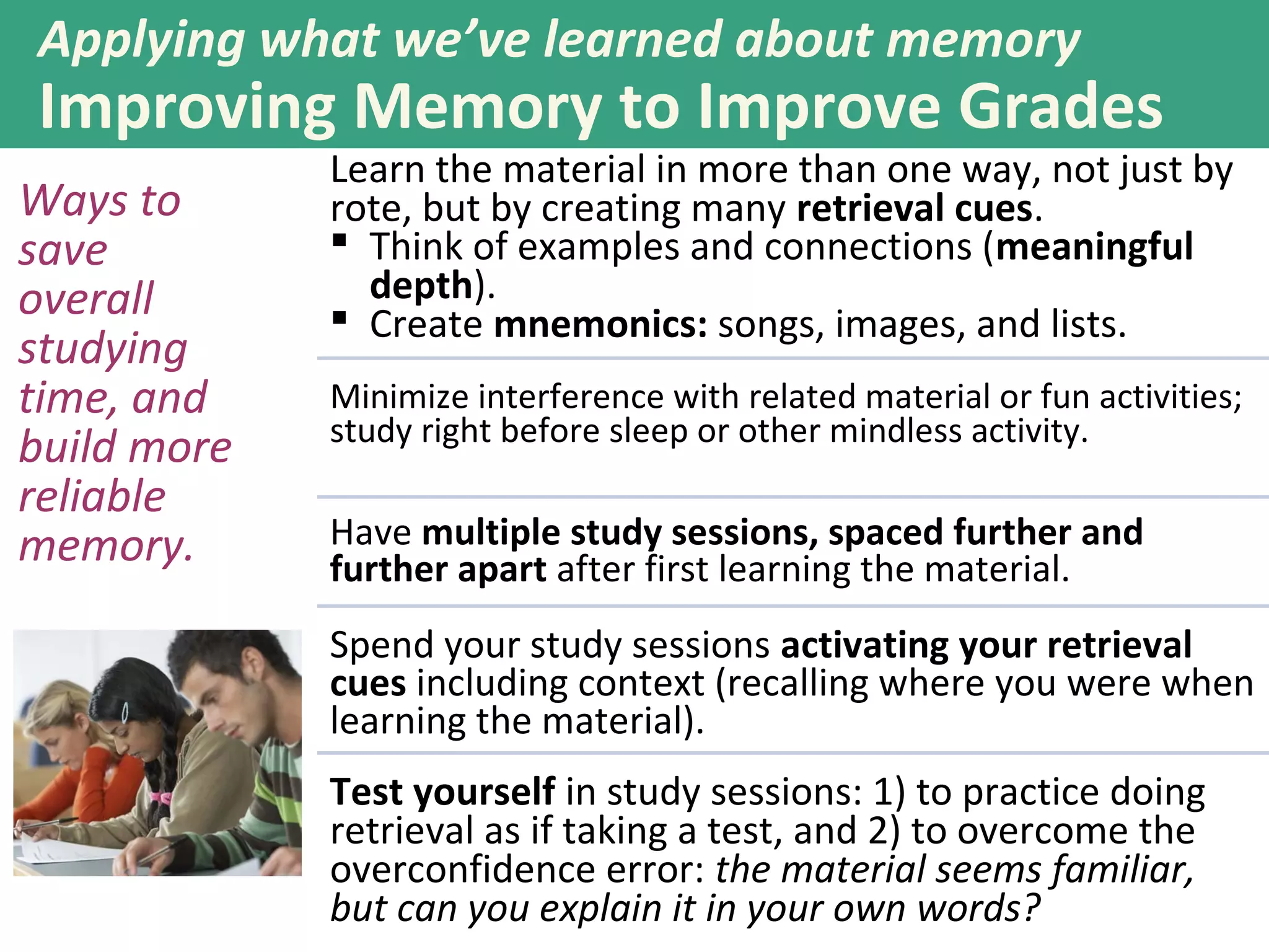 Applying what we’ve learned about memory
Improving Memory to Improve Grades
Ways to
save
overall
studying
time, and
build more
reliable
memory.
Learn the material in more than one way, not just by
rote, but by creating many retrieval cues.
Minimize interference with related material or fun activities;
study right before sleep or other mindless activity.
Have multiple study sessions, spaced further and
further apart after first learning the material.
Spend your study sessions activating your retrieval
cues including context (recalling where you were when
learning the material).
Test yourself in study sessions: 1) to practice doing
retrieval as if taking a test, and 2) to overcome the
overconfidence error: the material seems familiar,
but can you explain it in your own words?
 Think of examples and connections (meaningful
depth).
 Create mnemonics: songs, images, and lists.
 