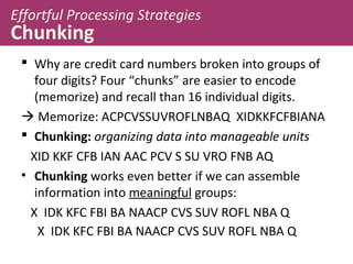 Effortful Processing Strategies
Chunking
 Why are credit card numbers broken into groups of
four digits? Four “chunks” are easier to encode
(memorize) and recall than 16 individual digits.
 Memorize: ACPCVSSUVROFLNBAQ XIDKKFCFBIANA
 Chunking: organizing data into manageable units
XID KKF CFB IAN AAC PCV S SU VRO FNB AQ
• Chunking works even better if we can assemble
information into meaningful groups:
X IDK KFC FBI BA NAACP CVS SUV ROFL NBA Q
X IDK KFC FBI BA NAACP CVS SUV ROFL NBA Q
 