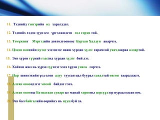 11. Тэднийд тэнгэрийн од харагддаг.
12. Тэднийх хэдэн зуун км үргэлжилсэн гол горхи той.
13. Тэмүжинг Мэргэдийн довтолгооноос Бурхан Халдун аварчээ.
14. Цэцэн вангийн нутаг хэзээнээс нааш хурдан хүлэг гарамгай уяачдаараа алдартай.
15. Энэ хүрэн гүүний гэдсэнд хурдан хүлэг бий дээ.
16. Хойтон жил нь хүрэн гүүнээс хэнз хүрэн унага гарчээ.
17. Нар шингэхийн үед олон адуу туусан цал буурал сахалтай өвгөн тааралджээ.
18. Алтан овоонд нэг могой байдаг гэнэ.
19. Алтан овооны Батцагаан суваргыг манай хорооны цэргүүдээр нураалгасан юм.
20. Энэ бол байгалийн өөрийнх нь нууц буй за.
 