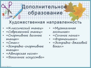 FokinaLida.75@mail.ru
Дополнительное
образование
Художественная направленность
 