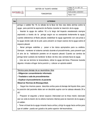 GESTIÓN DE TALENTO HUMANO
Código: PT – A – SST – 01
Versión: 01
TORACENTESIS
Fecha versión: 12/02/2014
Página: 4 de 7
Sec ACTIVIDAD
jeringa o catéter No 16, la válvula de la llave de tres vías debe abrirse sobre la
aguja para permitir la aspiración de fluidos durante la inserción de la aguja.
- Insertar la aguja de calibre 16 a lo largo del trayecto anestesiado siempre
aspirando a través de la jeringa según se va avanzando lentamente la aguja,
cuando obtenemos el fluido pleural, estabilizar la aguja agarrando con una pinza a
la aguja donde sale de la piel, para prevenir un mayor avance de la aguja sobre el
espacio pleural.
- llenar jeringas estériles y pasar a los tubos apropiados para su análisis.
Siempre mantener el sistema cerrado durante el procedimiento, para prevenir que
el aire de la habitación penetre en el espacio pleural. Cuando se cambia de
jeringa tener cuidado de mantener la llave de tres vías cerrada hacia la aguja.
- Una vez se termine la toracentesis, retirar la aguja del tórax. Presionar durante
algunos minutos el lugar de la punción y colocar un apósito estéril.
2.
Técnica para drenaje de un neumotórax libre
- Diligenciar consentimiento informado
- Trasladar a sala de procedimientos
- Explicar el procedimiento al paciente
Observar Normas de Bioseguridad.
- Seguir los mismos pasos descritos arriba para el drenaje del líquido libre, pero
la posición del paciente debe ser en decúbito supino con la cabeza elevada 30 a
45°
- Preparar el segundo y tercer espacio intercostal con la línea medio clavicular
(así se evita la lesión de la arteria mamaria interna) para la inserción de la aguja y
el catéter.
- Tener el bisel de la aguja mirando hacia arriba y dirigir la aguja hacia arriba para
que el catéter pueda ser guiado a la parte superior del neumotórax.
 