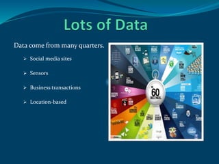 Data come from many quarters.
 Social media sites
 Sensors
 Business transactions
 Location-based
 