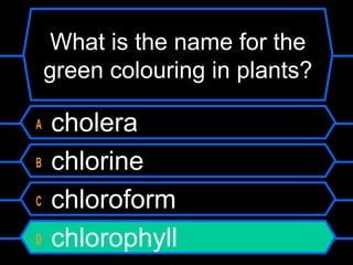 What is the name for the
green colouring in plants?
A cholera
B chlorine
C chloroform
D chlorophyll
 