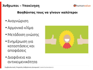 Συμβουλευτικές Υπηρεσίες Ανθρώπινου Δυναμικού | www.humanvalue.co
Βοηθώντας τους να γίνουν καλύτεροι

Αναγνώριση

Αρμονικό κλίμα

Μετάδοση γνώσης

Ενημέρωση για
καταστάσεις και
αποφάσεις

Διαφάνεια και
αντικειμενικότητα
Άνθρωποι – Υποκίνηση
 