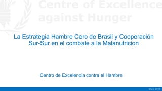 Centro de Excelencia contra el Hambre
La Estrategia Hambre Cero de Brasil y Cooperación
Sur-Sur en el combate a la Malanutricion
Maio 2015
 