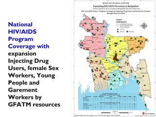 National
HIV/AIDS
Program
Coverage with
expansion
Injecting Drug
Users, female Sex
Workers, Young
People and
Garement
Workers by
GFATM resources
 