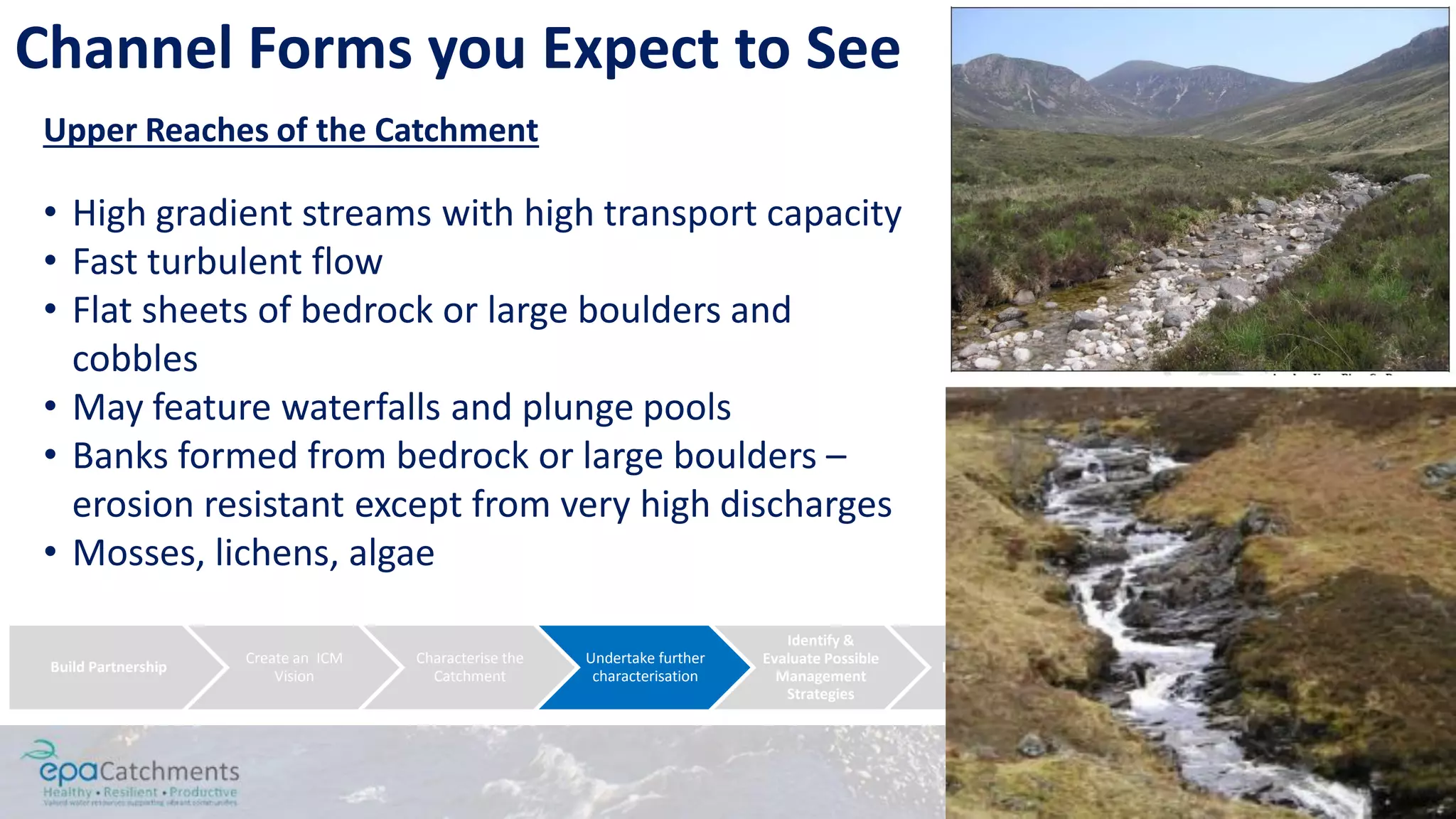 Build Partnership
Create an ICM
Vision
Characterise the
Catchment
Undertake further
characterisation
Identify &
Evaluate Possible
Management
Strategies
Design an
Implementation
Programme
Implement the
River Basin
Management Plan
Measure Progress
and Make
Adjustments
Channel Forms you Expect to See
• High gradient streams with high transport capacity
• Fast turbulent flow
• Flat sheets of bedrock or large boulders and
cobbles
• May feature waterfalls and plunge pools
• Banks formed from bedrock or large boulders –
erosion resistant except from very high discharges
• Mosses, lichens, algae
Upper Reaches of the Catchment
 