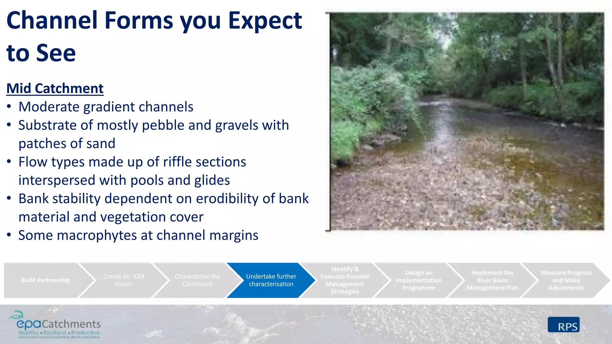 Mid Catchment
• Moderate gradient channels
• Substrate of mostly pebble and gravels with
patches of sand
• Flow types made up of riffle sections
interspersed with pools and glides
• Bank stability dependent on erodibility of bank
material and vegetation cover
• Some macrophytes at channel margins
Build Partnership
Create an ICM
Vision
Characterise the
Catchment
Undertake further
characterisation
Identify &
Evaluate Possible
Management
Strategies
Design an
Implementation
Programme
Implement the
River Basin
Management Plan
Measure Progress
and Make
Adjustments
Channel Forms you Expect
to See
 
