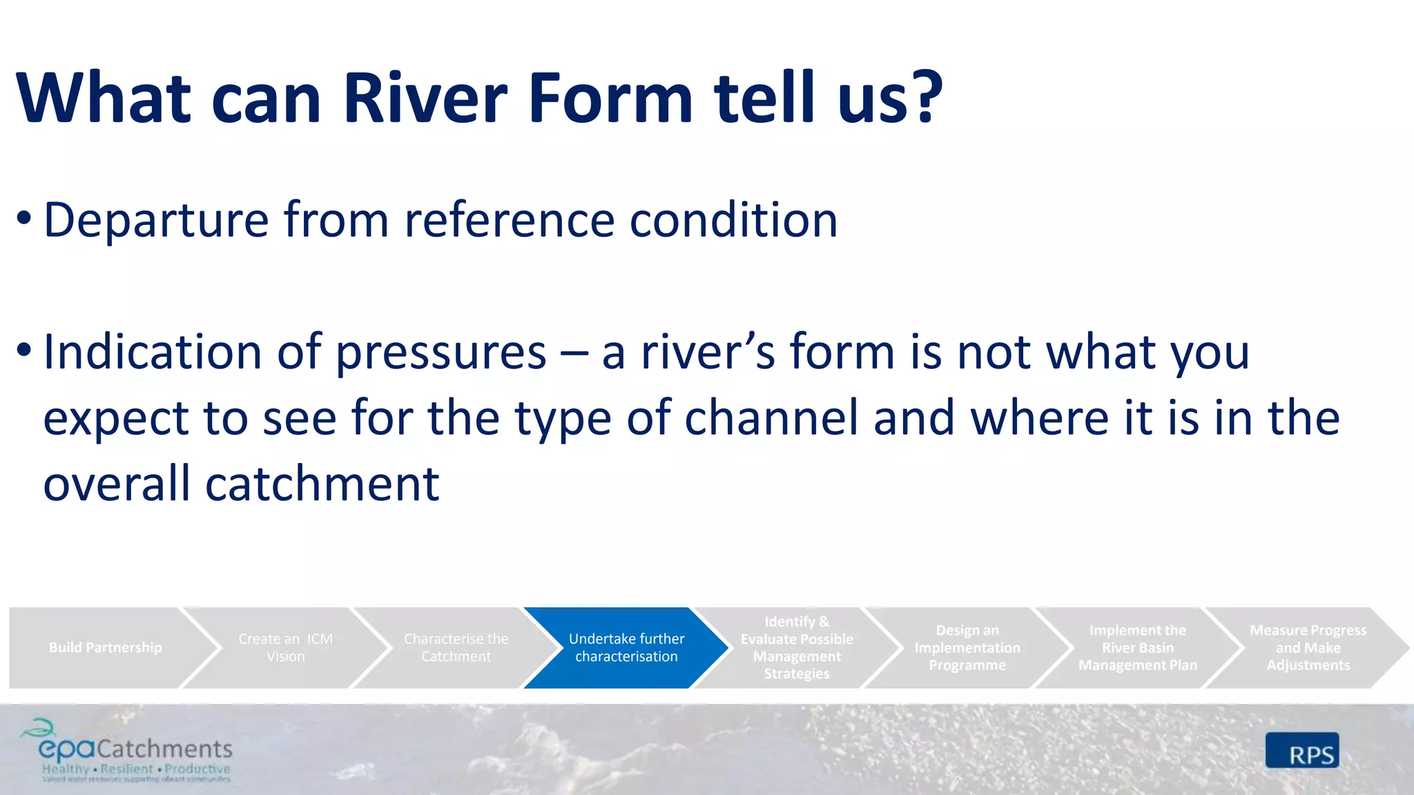 What can River Form tell us?
• Departure from reference condition
• Indication of pressures – a river’s form is not what you
expect to see for the type of channel and where it is in the
overall catchment
Build Partnership
Create an ICM
Vision
Characterise the
Catchment
Undertake further
characterisation
Identify &
Evaluate Possible
Management
Strategies
Design an
Implementation
Programme
Implement the
River Basin
Management Plan
Measure Progress
and Make
Adjustments
 