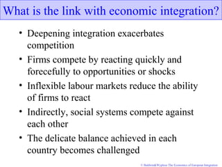 © Baldwin&Wyplosz The Economics of European Integration
What is the link with economic integration?
• Deepening integration exacerbates
competition
• Firms compete by reacting quickly and
forecefully to opportunities or shocks
• Inflexible labour markets reduce the ability
of firms to react
• Indirectly, social systems compete against
each other
• The delicate balance achieved in each
country becomes challenged
 