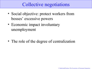 © Baldwin&Wyplosz The Economics of European Integration
Collective negotiations
• Social objective: protect workers from
bosses’ excessive powers
• Economic impact involuntary
unemployment
• The role of the degree of centralization
 
