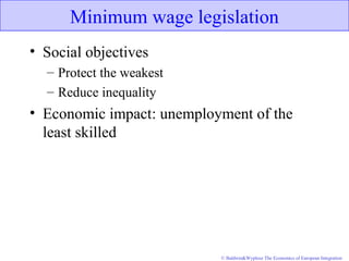 © Baldwin&Wyplosz The Economics of European Integration
Minimum wage legislation
• Social objectives
– Protect the weakest
– Reduce inequality
• Economic impact: unemployment of the
least skilled
 