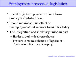 © Baldwin&Wyplosz The Economics of European Integration
Employment protection legislation
• Social objective: protect workers from
employers’ arbitrariness
• Economic impact: no effect on
unemployment but reduces firms’ flexibility
• The integration and monetary union impact
– Harder to deal with adverse shocks
– Pressure to reduce strictness of legislation.
Trade unions fear social dumping
 