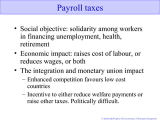© Baldwin&Wyplosz The Economics of European Integration
Payroll taxes
• Social objective: solidarity among workers
in financing unemployment, health,
retirement
• Economic impact: raises cost of labour, or
reduces wages, or both
• The integration and monetary union impact
– Enhanced competition favours low cost
countries
– Incentive to either reduce welfare payments or
raise other taxes. Politically difficult.
 