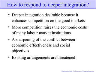 © Baldwin&Wyplosz The Economics of European Integration
How to respond to deeper integration?
• Deeper integration desirable because it
enhances competition on the good markets
• More competition raises the economic costs
of many labour market institutions
• A sharpening of the conflict between
economic effectiveness and social
objectives
• Existing arrangements are threatened
 