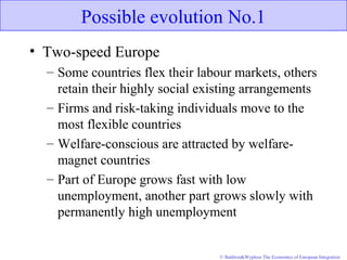 © Baldwin&Wyplosz The Economics of European Integration
Possible evolution No.1
• Two-speed Europe
– Some countries flex their labour markets, others
retain their highly social existing arrangements
– Firms and risk-taking individuals move to the
most flexible countries
– Welfare-conscious are attracted by welfare-
magnet countries
– Part of Europe grows fast with low
unemployment, another part grows slowly with
permanently high unemployment
 
