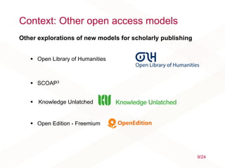 Context: Other open access models
Other explorations of new models for scholarly publishing
 Open Library of Humanities
 SCOAP3
 Knowledge Unlatched
 Open Edition - Freemium
9/24
 