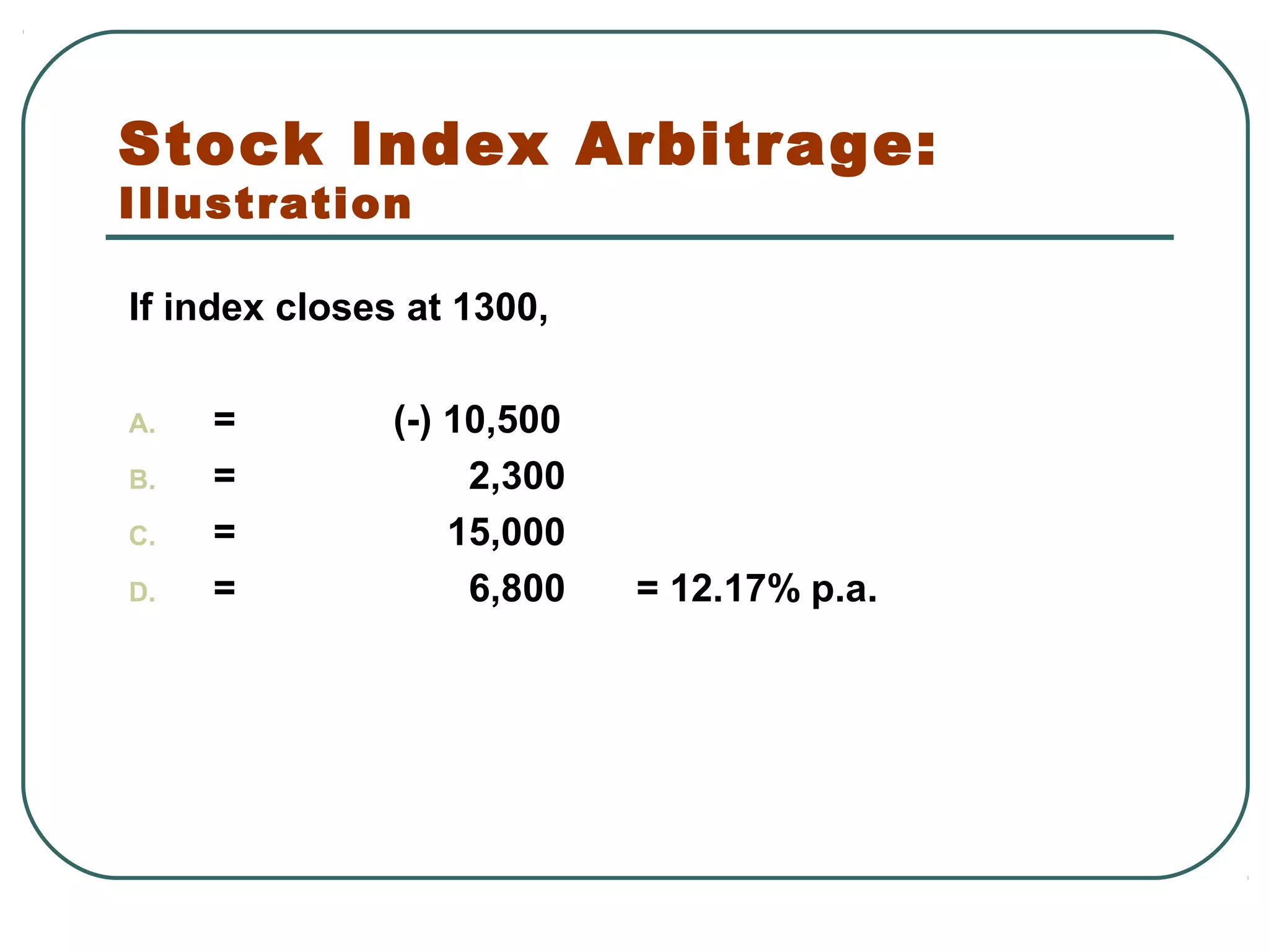 Stock Index Arbitrage:
Illustration
If index closes at 1300,
A. = (-) 10,500
B. = 2,300
C. = 15,000
D. = 6,800 = 12.17% p.a.
 