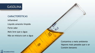 CARACTERÍSTICAS
Inflamável
Líquido amarelo límpido
Forte odor
Mais leve que a água
Não se mistura com a água
GASOLINA
Contamina o meio ambiente
Vapores mais pesados que o ar
Contém benzeno
 